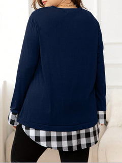 Plus Size Plaid Hem Round Neck Long Sleeve Sweatshirt