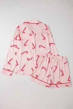 Candy Cane Collared Neck Long Sleeve Top and Shorts Lounge Set