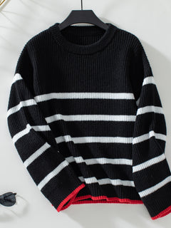 Striped Round Neck Dropped Shoulder Sweater