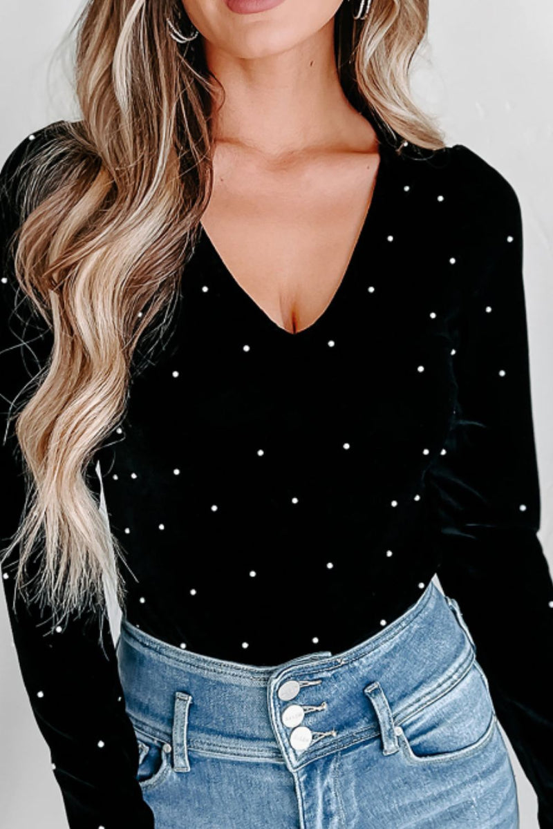 Pearl Detail Velvet V-Neck Long Sleeve Bodysuit