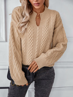 Cable-Knit Notched Long Sleeve Sweater