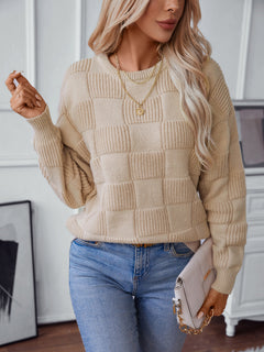 Checkered Round Neck Long Sleeve Sweater