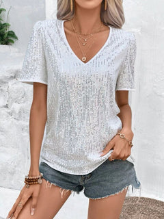 Sequin Round Neck Short Sleeve Top